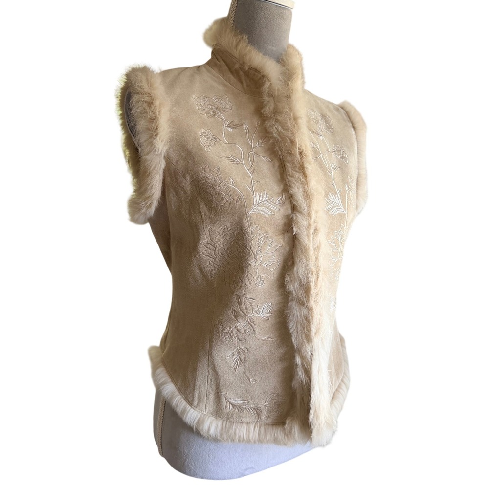 Georgiou Studio Leather Fur Vest Tan Floral Embroidered 10 Nordic Boho Chic
